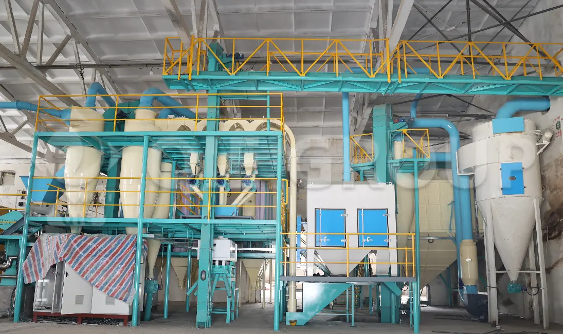 ورشة عمل لمعالجة البذور الزيتية مسبقًا، تتضمن عمليات التنظيف والتكييف والتحضير.