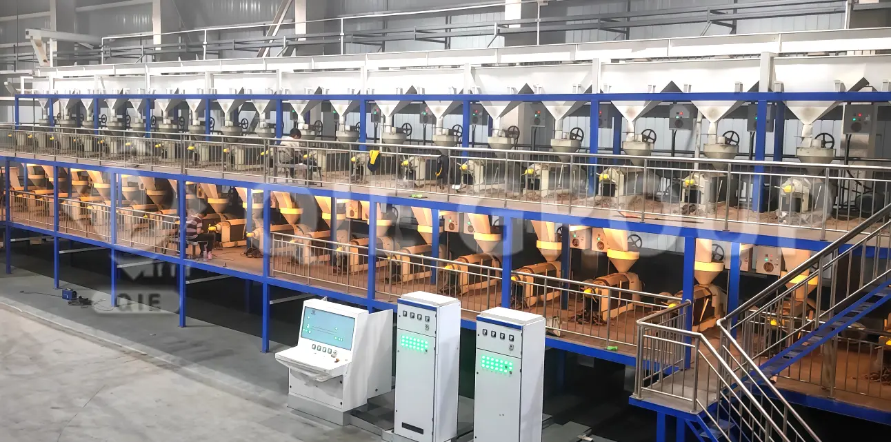 ورشة عمل آلات عصر الزيت الحلزونية المستخدمة في مصنع عصر ومعالجة الزيوت الصالحة للأكل بشكل مستمر.