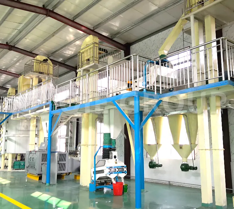 ورشة عمل للمعالجة الأولية لمكسرات الشيا، تشمل أنظمة التنظيف والتجفيف والتهيئة اللازمة لمعالجة زبدة الشيا.